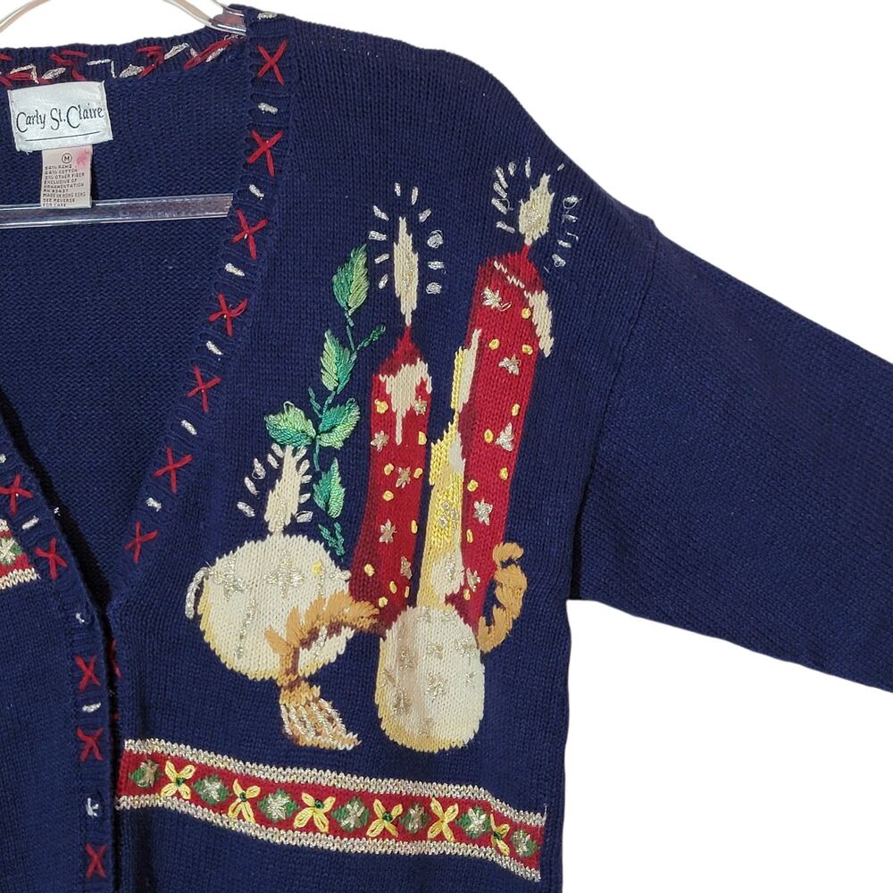 Vintage Carly St Claire Embroidered Christmas Cardigan Sweater Blue Red M Retro - Picture 4 of 11